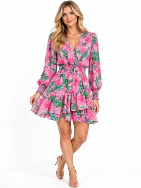 NWT Lilly Pulitzer Cristiana Stretch Dress 2 Pink Floral Long Sleeve Tiered Mini